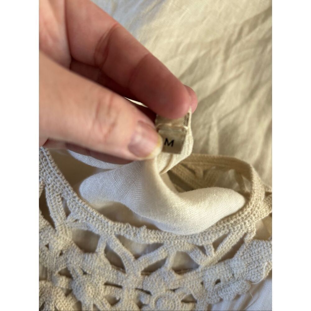 Alessia Pacini 100% Linen Beige Sleeveless Shift Dress Crochet Inlay Size Medium - Picture 5 of 9